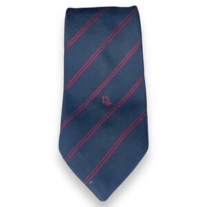 Vintage Christian Dior Blue Necktie with Elegant Red Stripe Accents